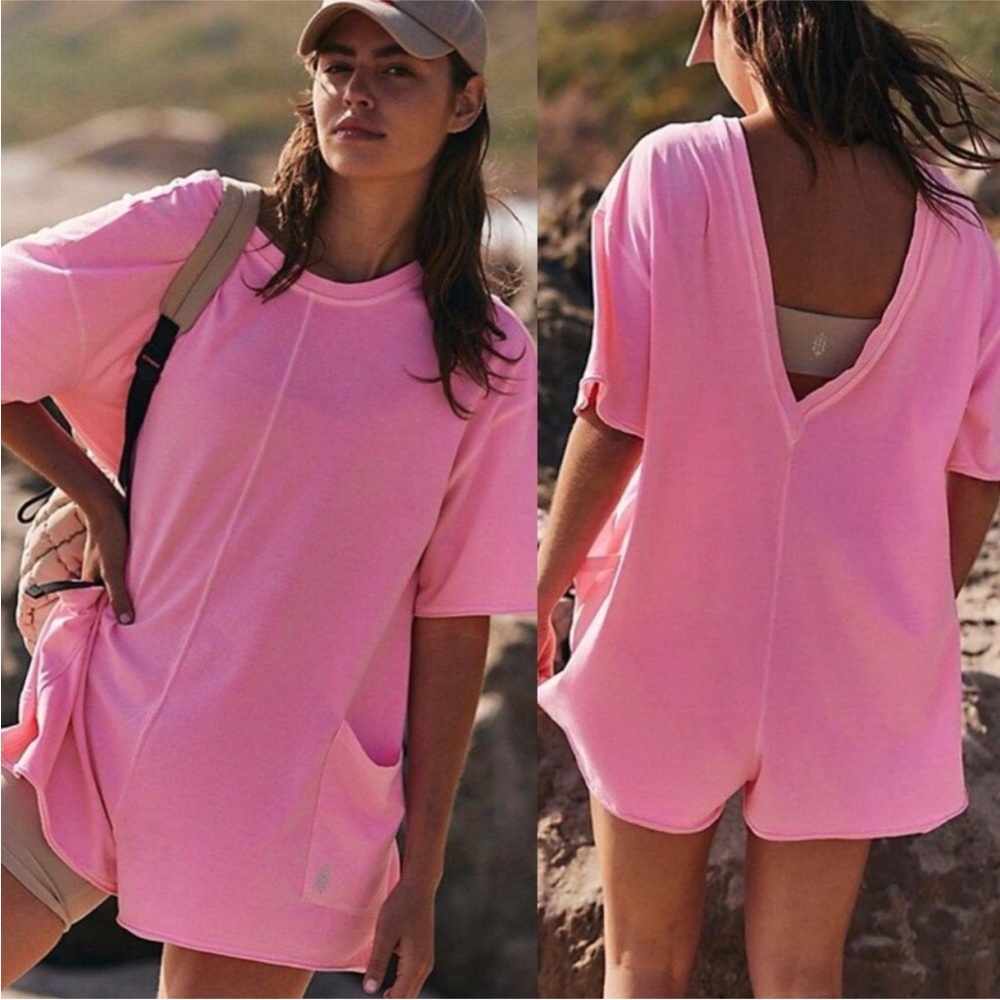 Free People Hot Shot Tee Romper With Pockets In Pink Lemonade